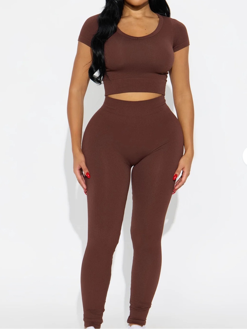 Seamless High-Waist Ribbed Leggings & Crop Top Set - Brown